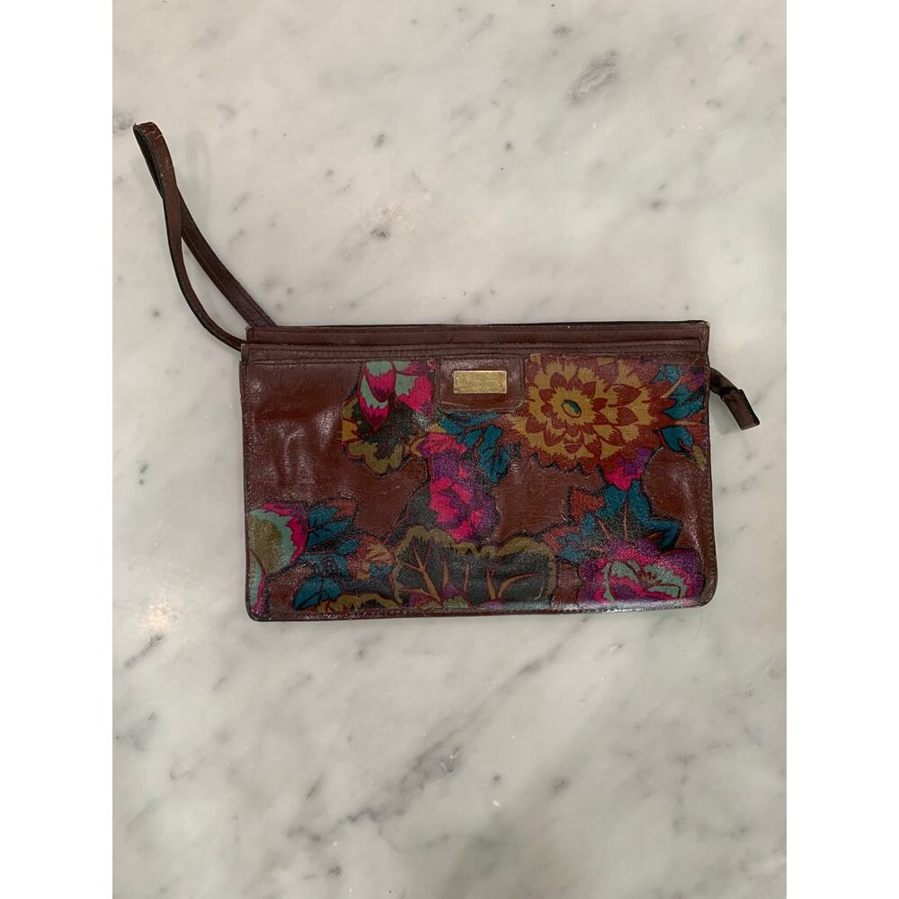 Vintage Brown Leather Clutch with Floral Accents